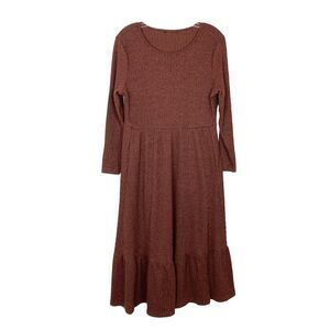 BLOOMCHIC Ribbed Knit Fit & Flare Midi Sweater Dress Size S-M Brown Ruffled